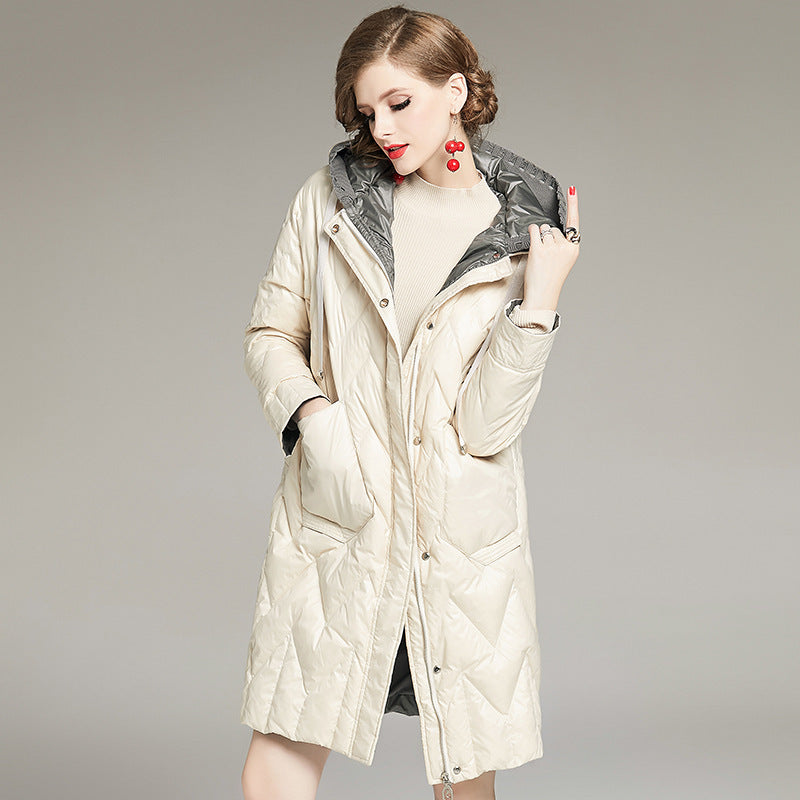 Women’s Patchwork Straight Down Jacket – Hooded Long Winter Coat