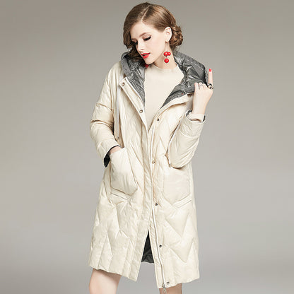 Women’s Patchwork Straight Down Jacket – Hooded Long Winter Coat