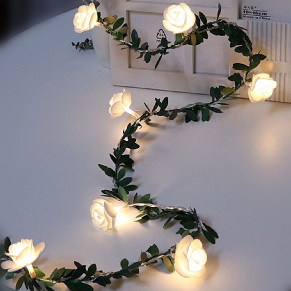 Rose Flower Vine String LED Lights Decoration Green Leaf Garland Battery USB Solar Powered Warm White Fairy Lights