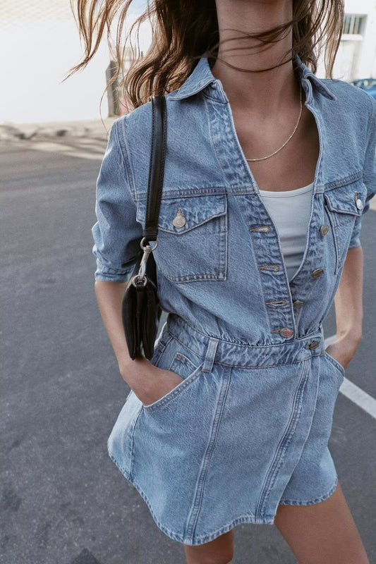 Women’s Slim Fit Denim Shirt Dress – Casual Office Button-Up Mini Dress