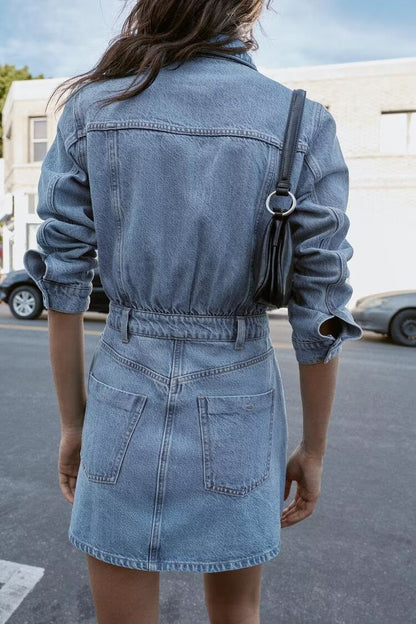Women’s Slim Fit Denim Shirt Dress – Casual Office Button-Up Mini Dress