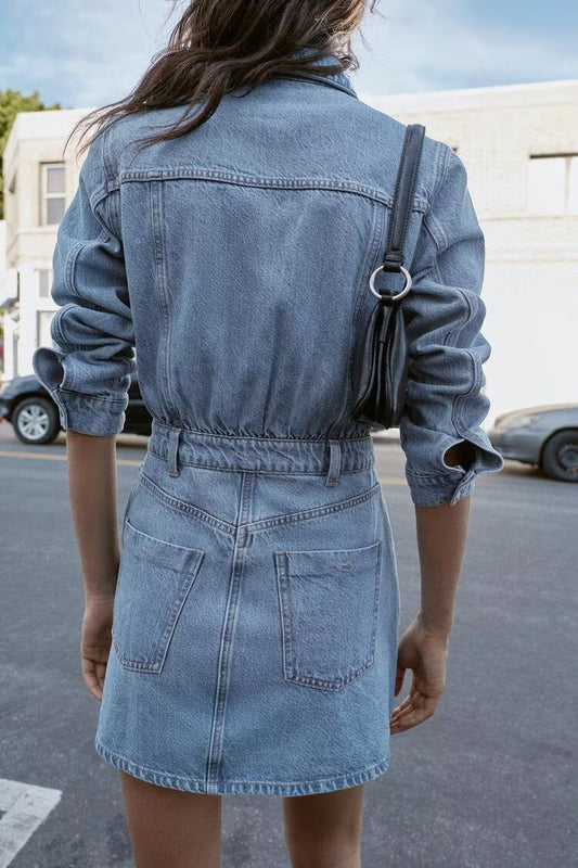 Women’s Slim Fit Denim Shirt Dress – Casual Office Button-Up Mini Dress