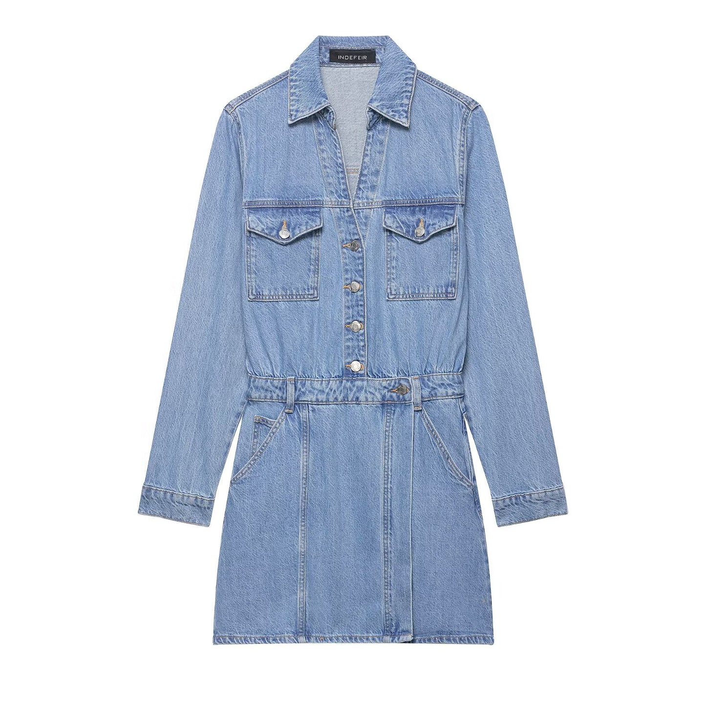 Women’s Slim Fit Denim Shirt Dress – Casual Office Button-Up Mini Dress