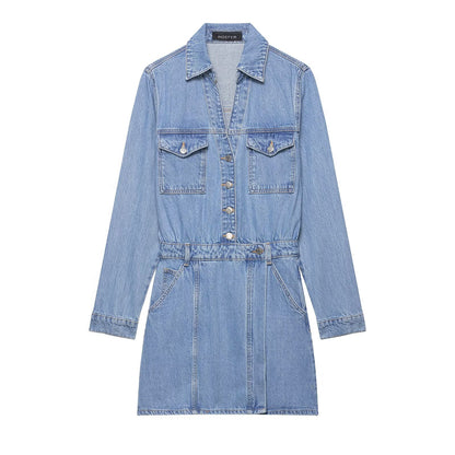 Women’s Slim Fit Denim Shirt Dress – Casual Office Button-Up Mini Dress