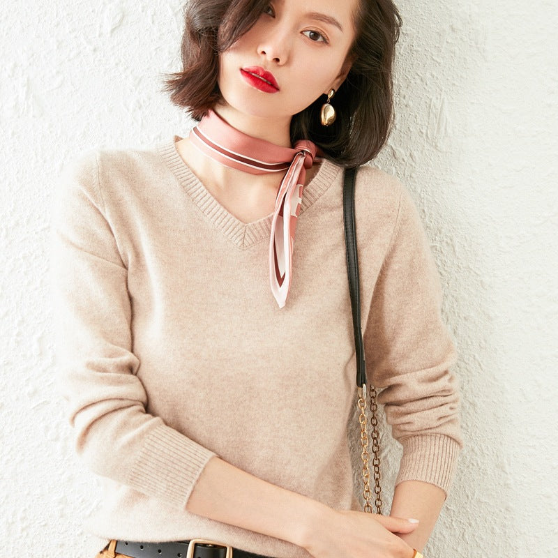 Women’s V-Neck Cashmere Sweater – Solid Color, All-Match Style