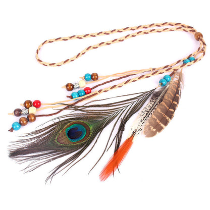 Indian Colored Beads Peacock Feather Leather Rope Pendant Hair Accessory