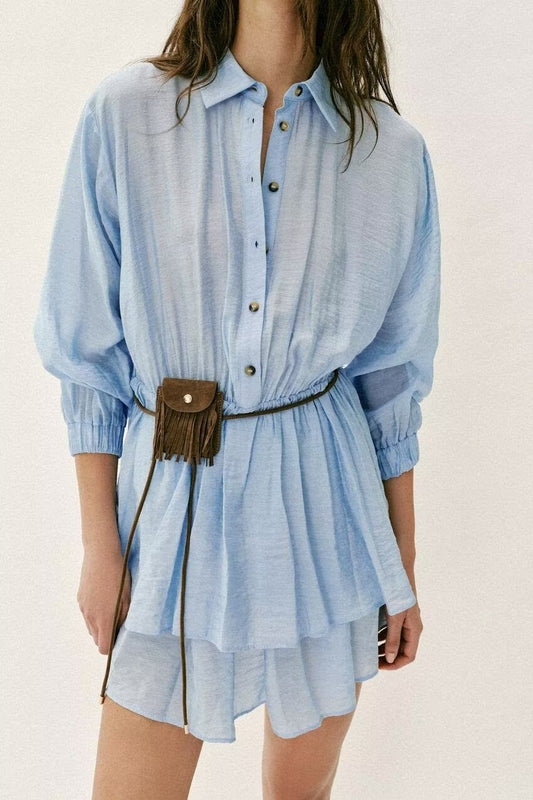 Elegant Belted Office Shirt Dress for Women – Slim Fit Long Sleeve Mini Dress