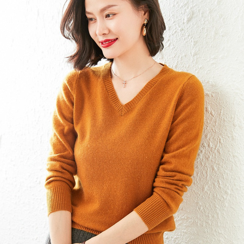 Women’s V-Neck Cashmere Sweater – Solid Color, All-Match Style
