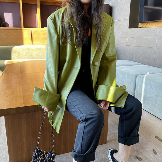 Web Celebrity Autumn Winter Women’s PU Leather Coat