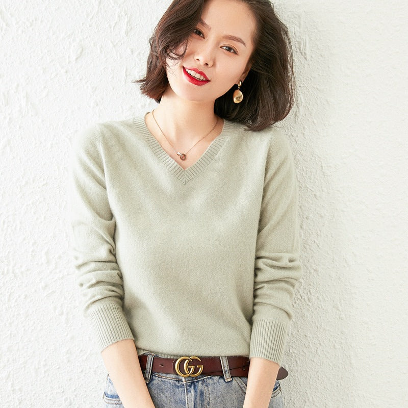 Women’s V-Neck Cashmere Sweater – Solid Color, All-Match Style