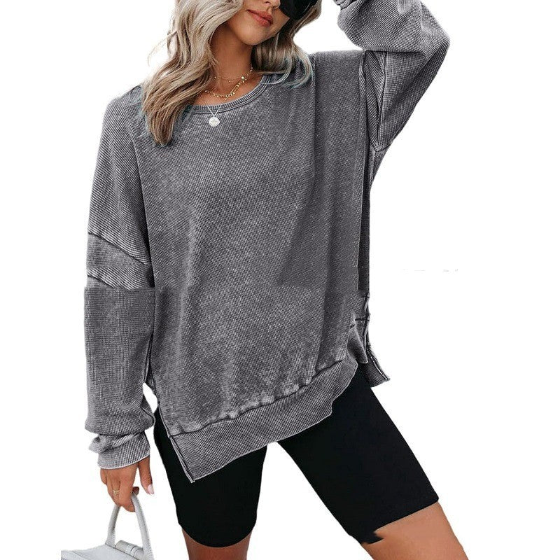 Round Neck Long Sleeve Side Slit Waffle Sweater
