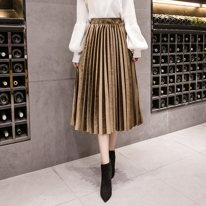 Pleated skirt mid-length a-line skirt