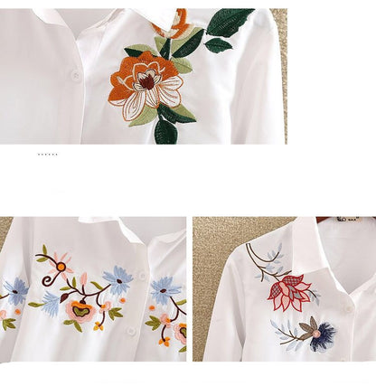 Embroidered Shirt Women's Long-Sleeved Bottoming Shirt Loose Plus Size Women's Spring And Autumn 200 Kg White Shirt Women