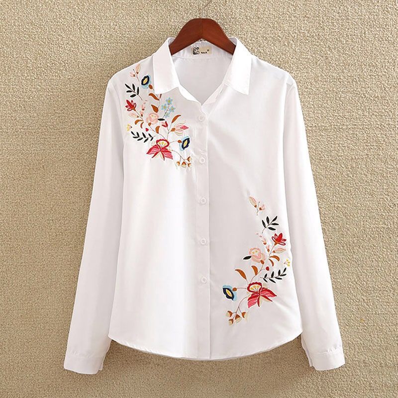 Embroidered Shirt Women's Long-Sleeved Bottoming Shirt Loose Plus Size Women's Spring And Autumn 200 Kg White Shirt Women