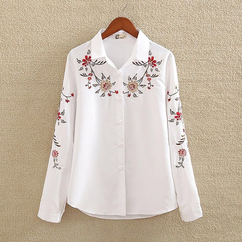 Embroidered Shirt Women's Long-Sleeved Bottoming Shirt Loose Plus Size Women's Spring And Autumn 200 Kg White Shirt Women