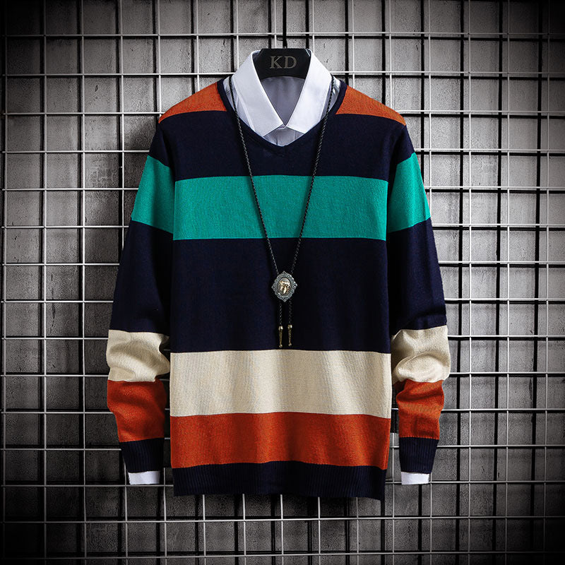 New Thin Color Blocking Round Neck Sweater Men's Casual Sweater - myETYN