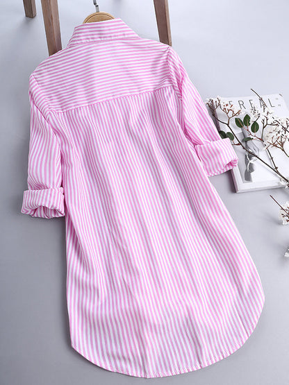 Women's Striped Long Sleeve Bottom Collar Loose Shirt