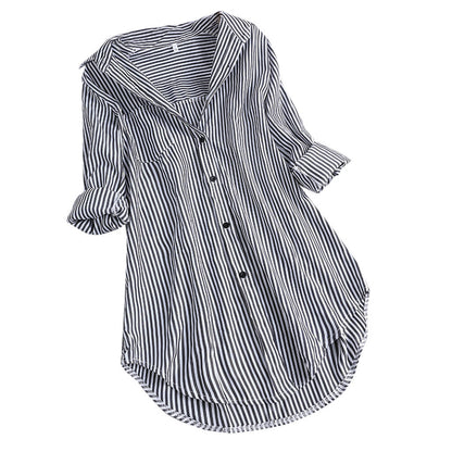 Women's Striped Long Sleeve Bottom Collar Loose Shirt