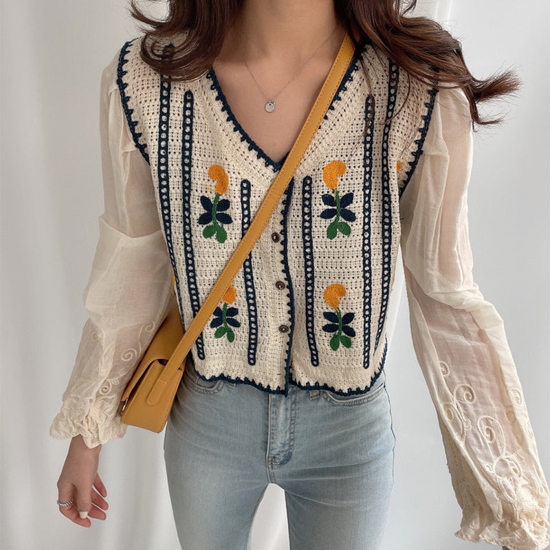 Embroidered Flowers Knitted Stitching Fake Two Long-Sleeved Shirts