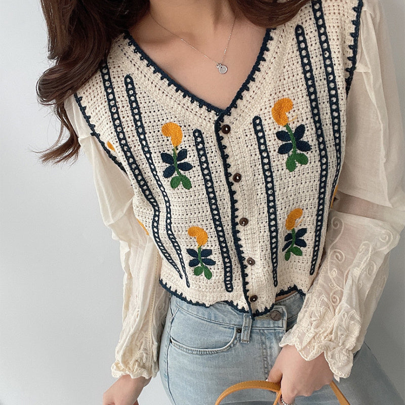 Embroidered Flowers Knitted Stitching Fake Two Long-Sleeved Shirts