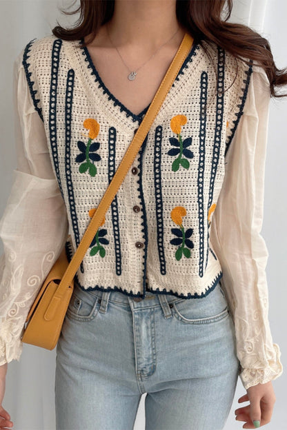 Embroidered Flowers Knitted Stitching Fake Two Long-Sleeved Shirts