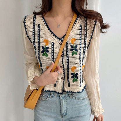 Embroidered Flowers Knitted Stitching Fake Two Long-Sleeved Shirts