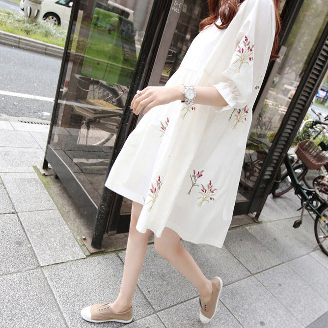 Korean Cotton And Linen Embroidery Maternity Dress And Nursing Clothes - myETYN