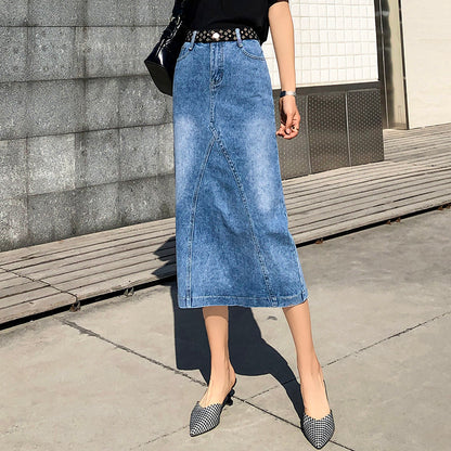 Plus Fat Plus Size One-Step Split Denim Skirt Mid-Length Female Skirt High Waist Bag Hip Long Skirt