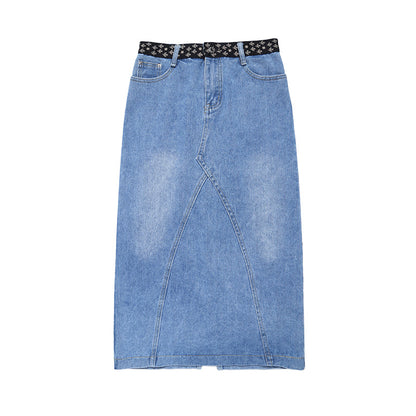 Plus Fat Plus Size One-Step Split Denim Skirt Mid-Length Female Skirt High Waist Bag Hip Long Skirt