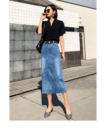 Plus Fat Plus Size One-Step Split Denim Skirt Mid-Length Female Skirt High Waist Bag Hip Long Skirt