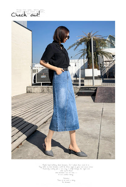 Plus Fat Plus Size One-Step Split Denim Skirt Mid-Length Female Skirt High Waist Bag Hip Long Skirt