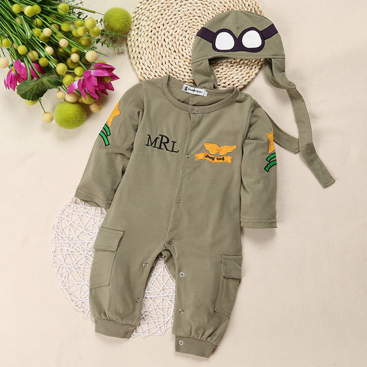 Aviation Pilot Long Sleeve One Piece   Hat Army Green Romper