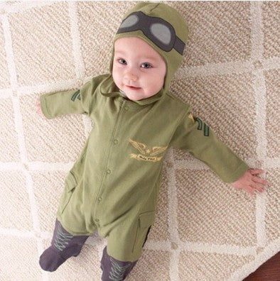 Aviation Pilot Long Sleeve One Piece   Hat Army Green Romper