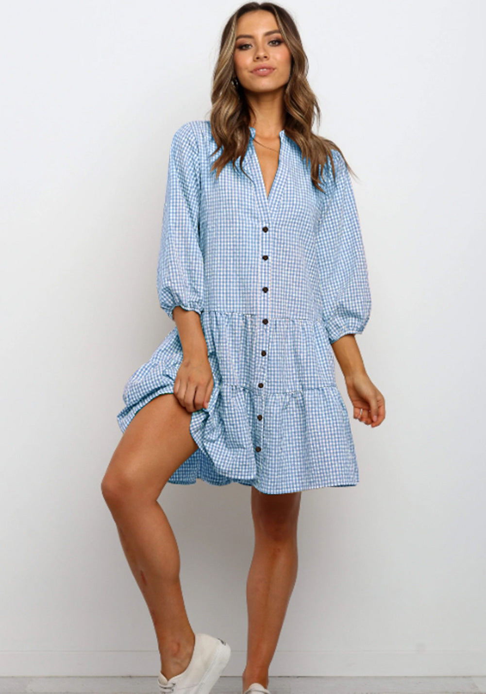 Fashion Printed Plaid V-neck Three-quarter Sleeve Women Dress