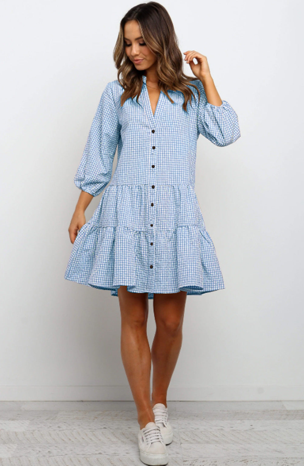 Fashion Printed Plaid V-neck Three-quarter Sleeve Women Dress