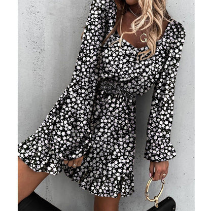 Long Sleeve Elastic Waist Ruffle Print Dress