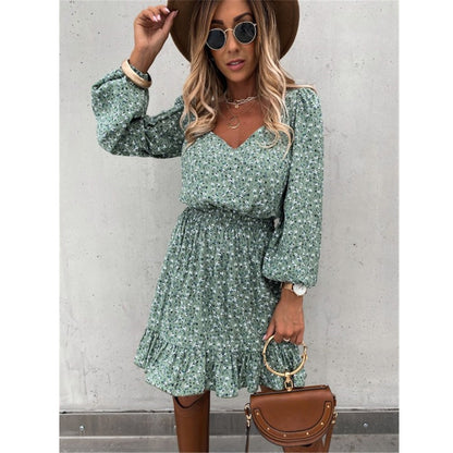 Long Sleeve Elastic Waist Ruffle Print Dress