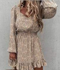 Long Sleeve Elastic Waist Ruffle Print Dress