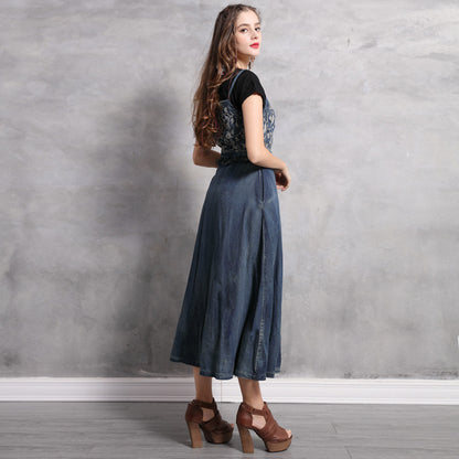 Mid-length embroidered denim skirt