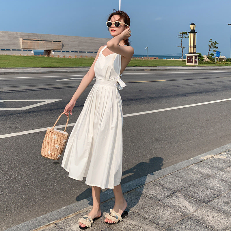 White Sleeveless Mid-Length Suspender Skirt