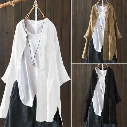 New Style Cotton And Linen Tops Women Casual Retro Shirts Cotton And Linen Long-Sleeved Shirts