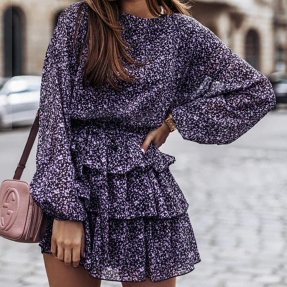 Long Sleeve Elastic Waist Ruffle Print Dress