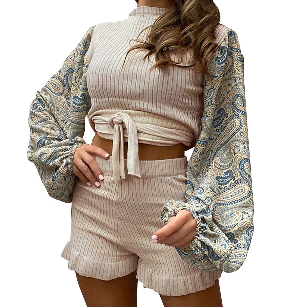 Round Neck Slim Slim Printed Lantern Sleeve Lace Shorts Two-piece Suit