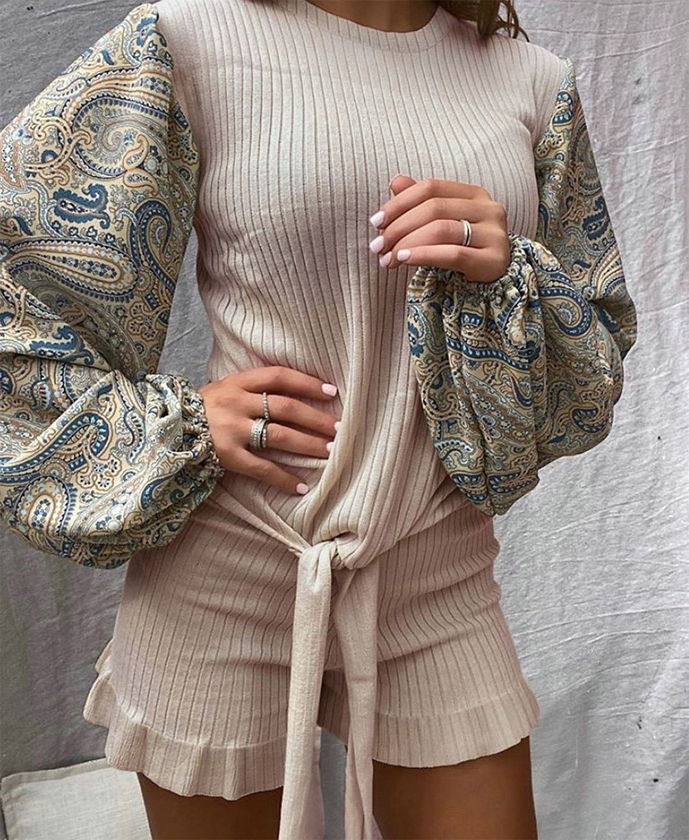 Round Neck Slim Slim Printed Lantern Sleeve Lace Shorts Two-piece Suit