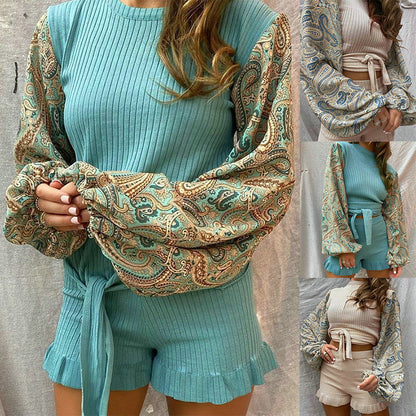 Round Neck Slim Slim Printed Lantern Sleeve Lace Shorts Two-piece Suit