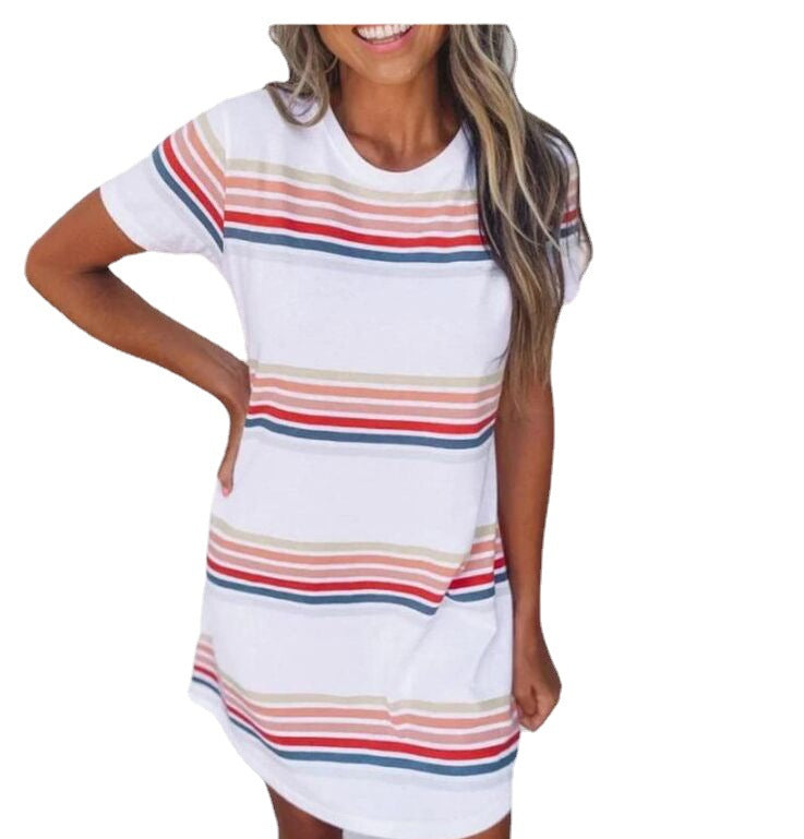 Women'S European And American Summer Color Striped Round Neck Dress Aliexpress Amazon Tt00567 - myETYN