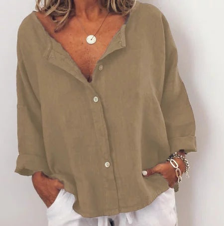 Ladies Shirt Linen Contrast Button Collarless Shirt