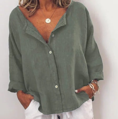 Ladies Shirt Linen Contrast Button Collarless Shirt