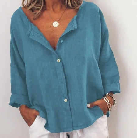 Ladies Shirt Linen Contrast Button Collarless Shirt