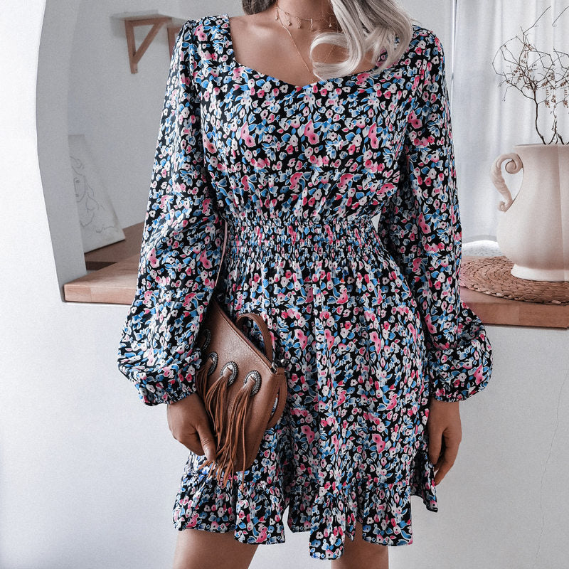 Long Sleeve Elastic Waist Ruffle Print Dress